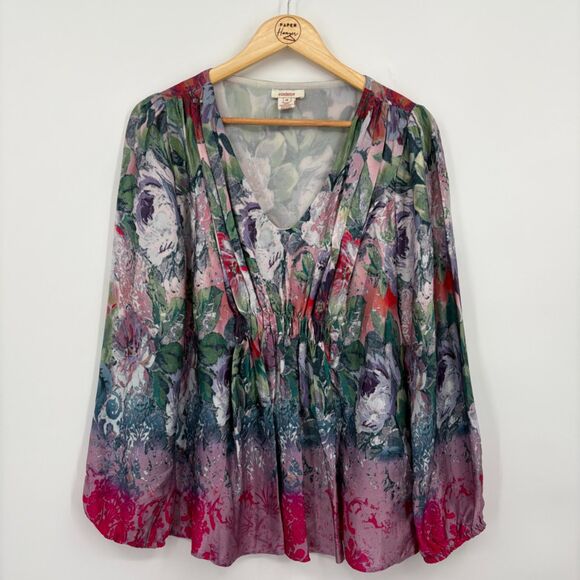 SUNDANCE Samantha Watercolor Floral Silk Pleated Blouse Sz Med, Floral Spring - Picture 1 of 8